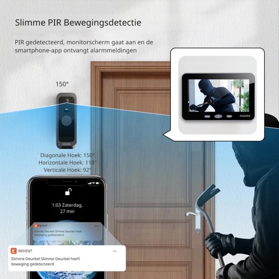 Hozard® Deurbel met Camera 32GB - WiFi + APP - Draadloze Video Deurbel Met Monitor - 5 inch IPS-Scherm van Hozard — afbeelding 5