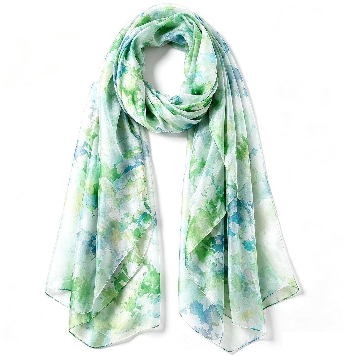 SolidKeus - 100% Zijde Sjaal voor Dames, 176 x 110 cm, Groen Bloemenpatroon