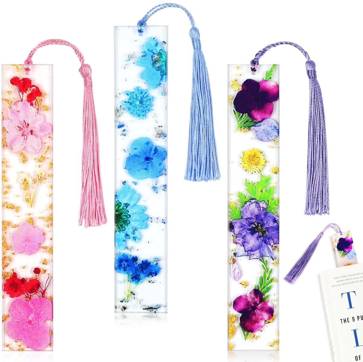 SolidKeus - 3 Stuks Gedroogde Bloemen Boekenleggers met Kwastjes