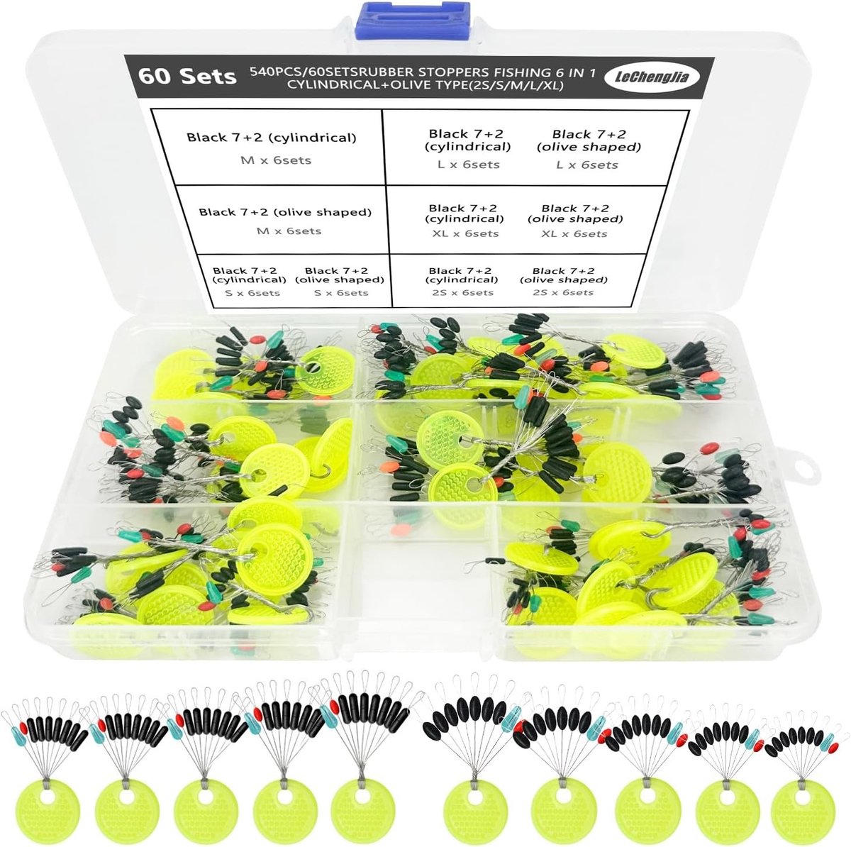 540 Stuks Rubber Stops voor Vissen - 60 Sets van Gele Rubber Stops, Vissersbenodigdheden, Vloats, Forelvissen, Vissersaccessoires