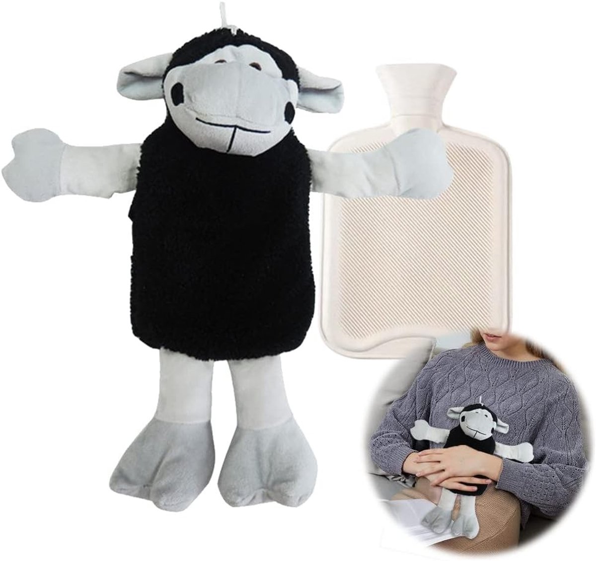 Grote warmwaterkruik van 1 liter met knuffeldier overtrek, ideale warmtefles voor kinderen en dierenliefhebbers