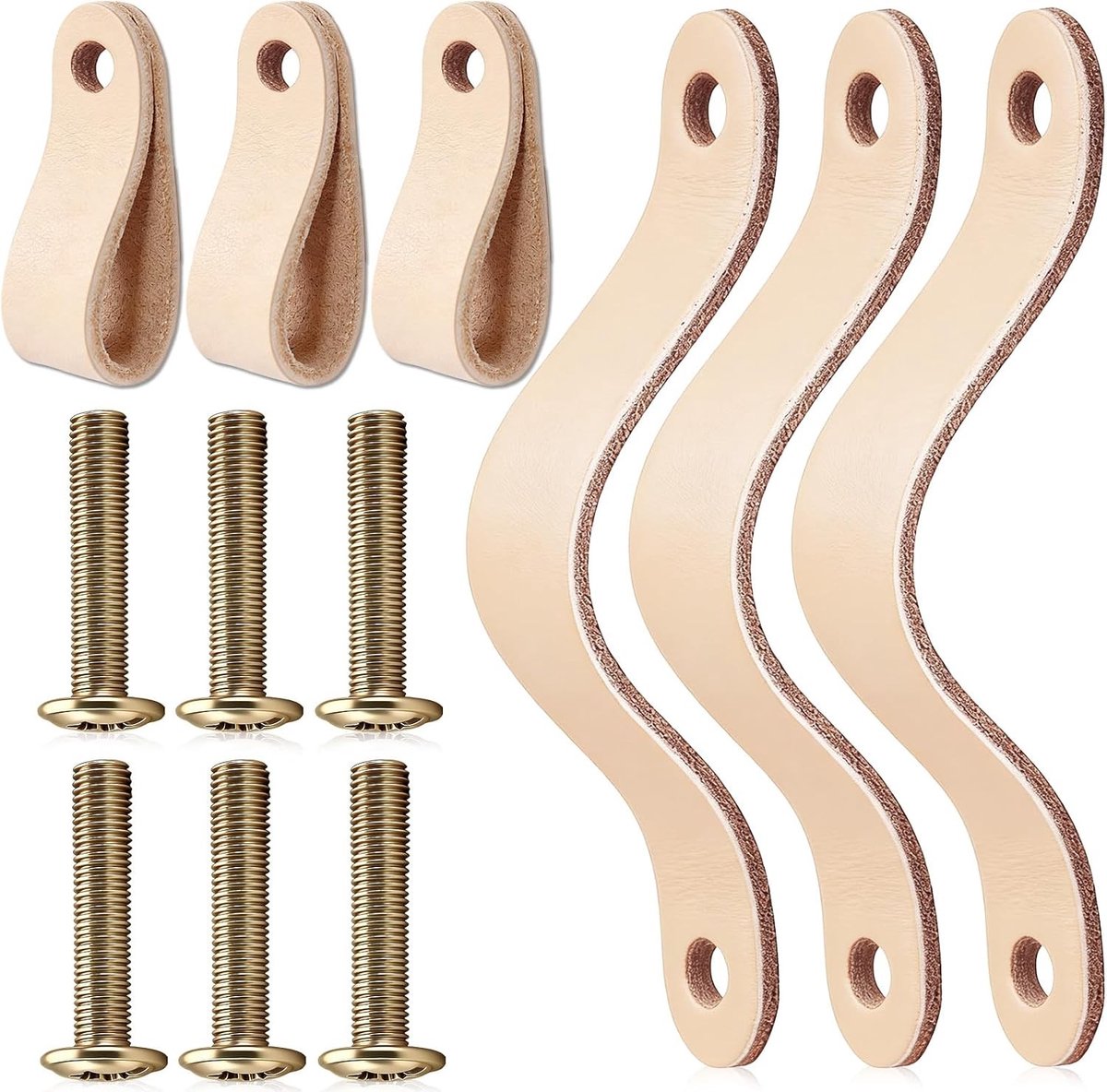Set van 6 Zachte Leren Handgrepen met Schroeven, 6.8 x 2.3 cm, Scandinavische Stijl, Deur- en Ladehandgrepen, Hoogwaardige Leren Meubelaccessoires voor Keuken en Interieur