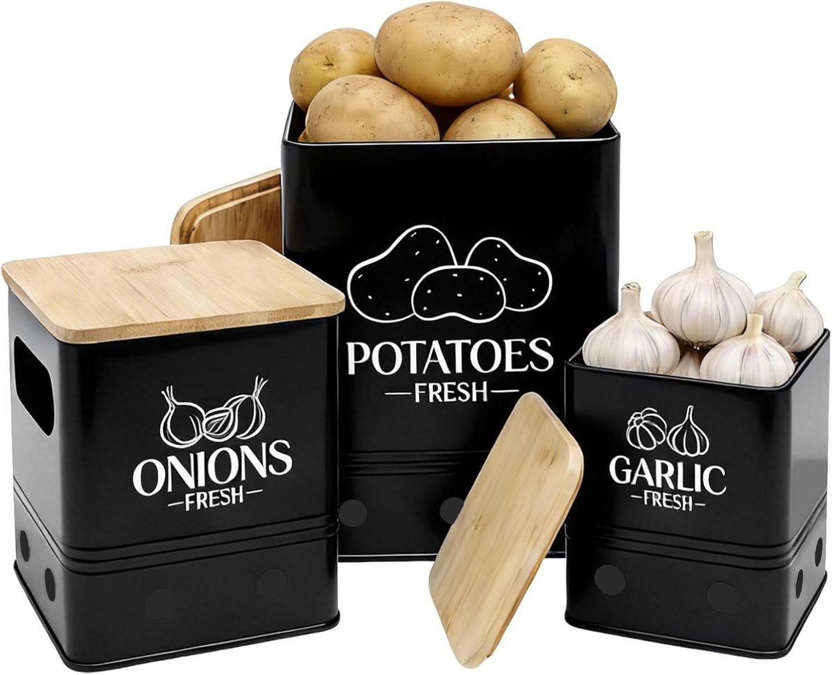 Set van 3 Aardappelopbergdozen - Zwart - Diverse Maten - Stalen Dozen met Bamboedeksel - Voor Groenten en Fruit