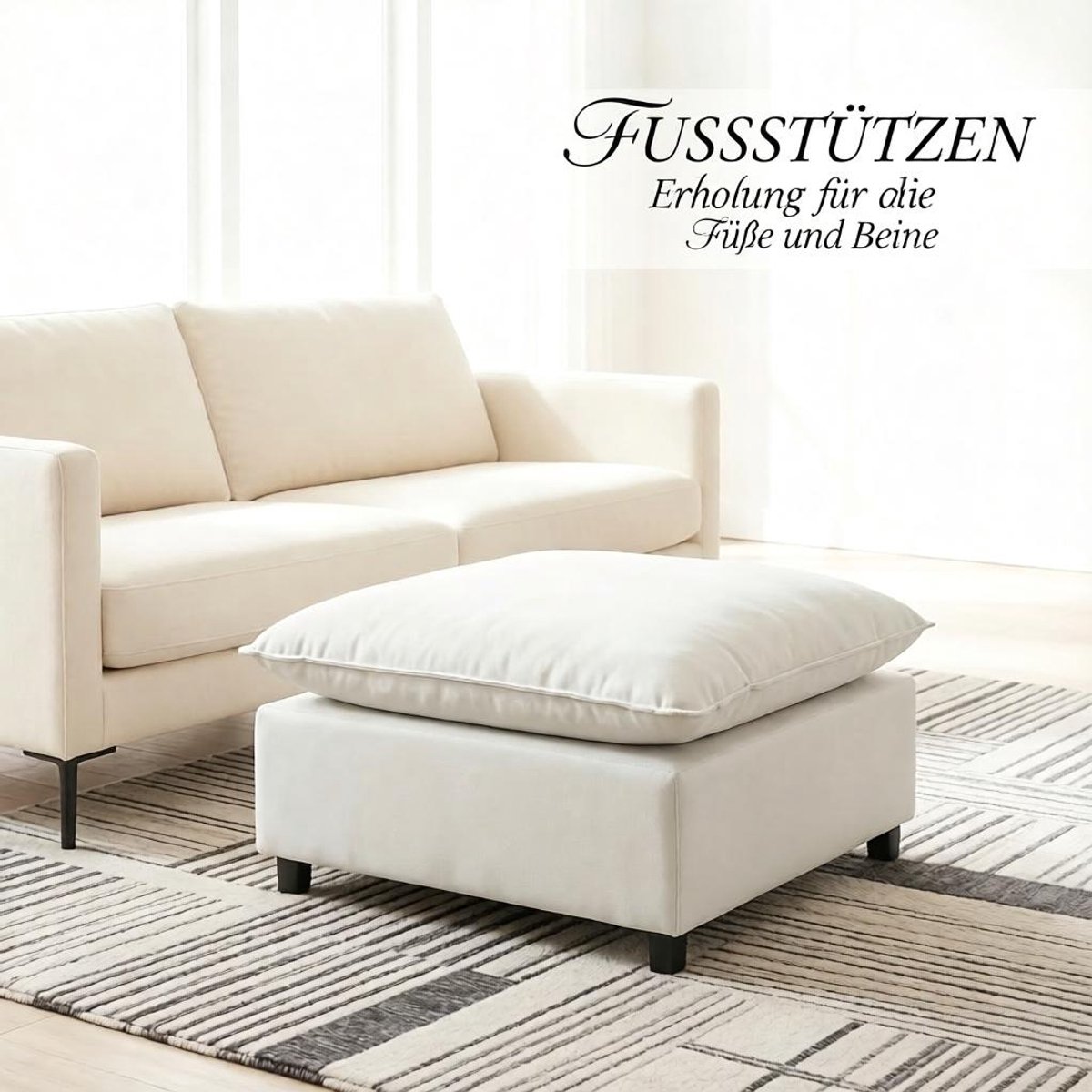 COVREO Poef 75 x 75 x 40 cm wit-crème, linnen, extra zitplaats