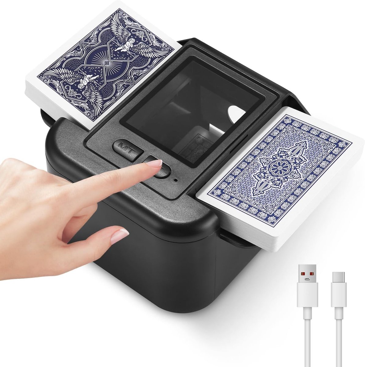 Kaartenmixer, geluidsarme en oplaadbare kaartenmixer voor 2 kaartensets, mengmachine 2000 mAh, voor UNO, Poker, Texas Hold'em zwart