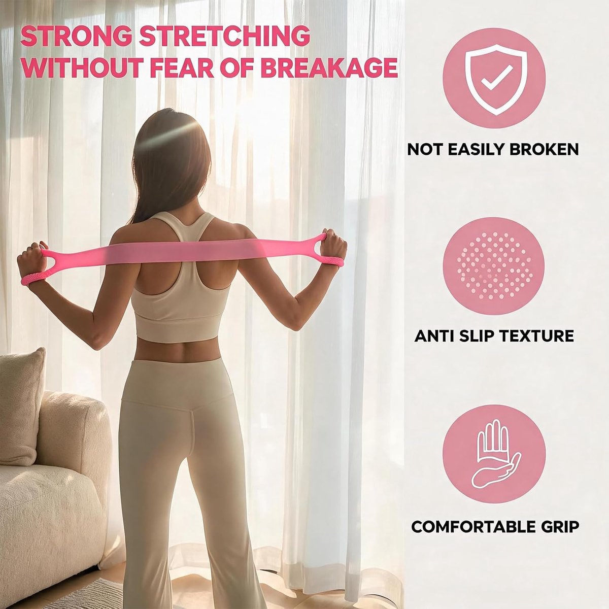 Set bevat 1 elastische trainingsband, 1 trekkoord en 2 yogabanden, elastische spierelastieken, fitnessbanden, oefeningen voor armstrekken