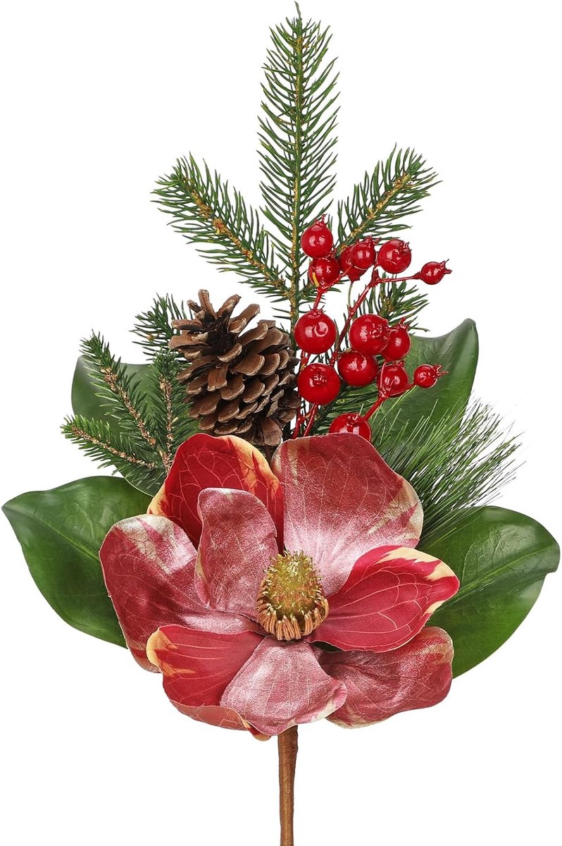 Set van 2 kunstkerstbloemen, glinsterende magnolia, kerstdecoratie, glitter voor kerstboom, doe-het-zelf decoratie, kunstbloemen voor feestdagen, eettafel-middenstuk, rozen, rood