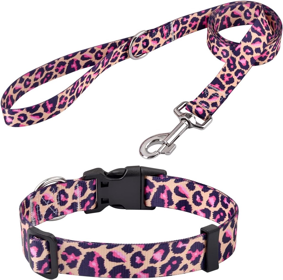 Hondenhalsband en riem set met Bohemen Bloemen Tribal Geometrische Patronen - Zachte Etnische Stijl Kraag Verstelbaar voor Kleine Middelgrote Honden (Roze Luipaard Set, L)
