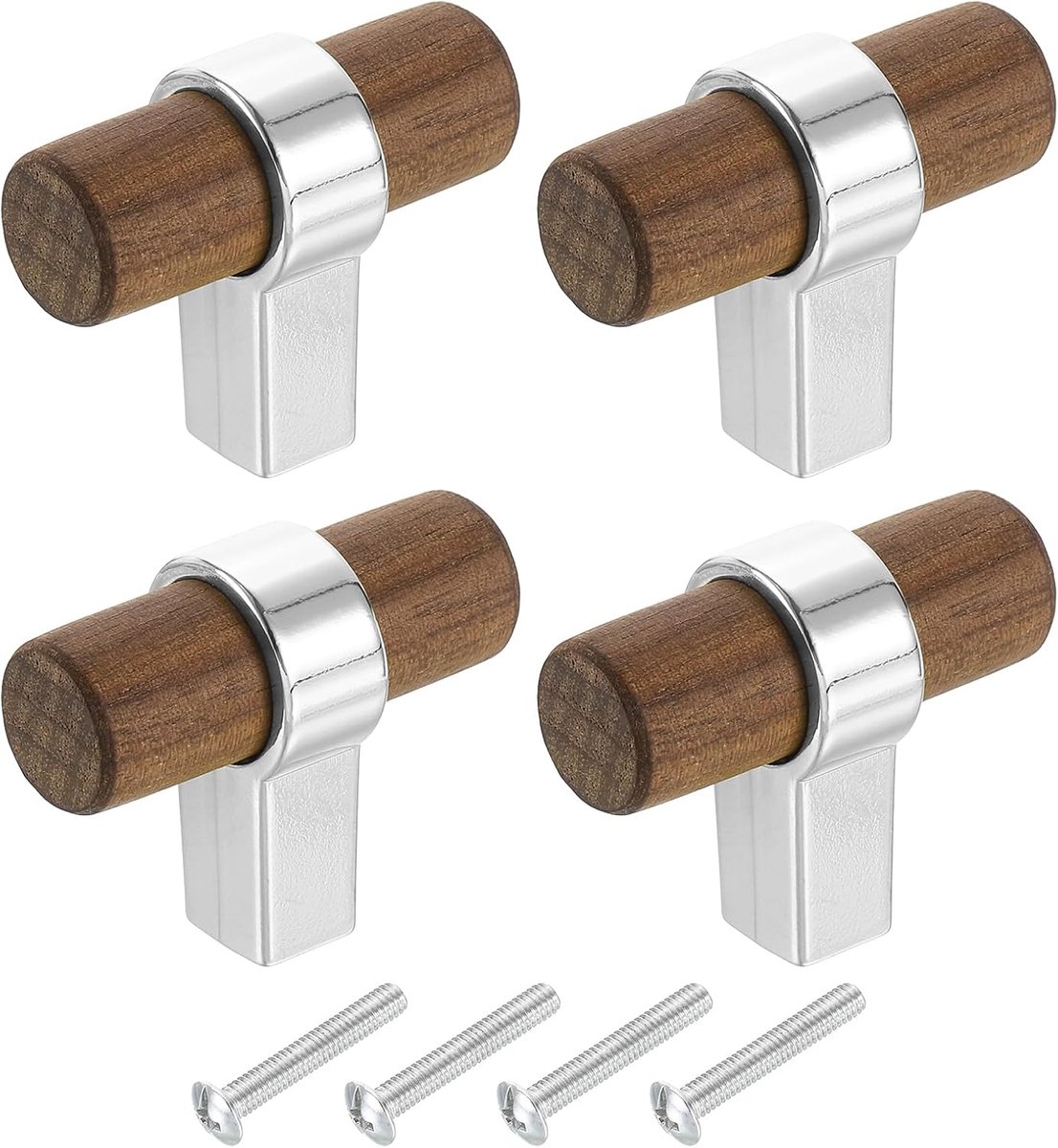 4 stuks T-vormige houten ladegrepen, 3,9 x 2,5 cm, houten kastgrepen, enkelgats ladeknoppen met zilveren basis en schroeven voor kast, donker walnoot