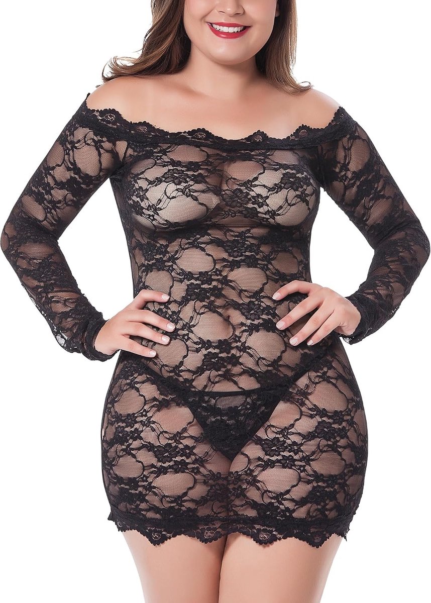 Kanten negligé grote maten voor dames babydoll lingerie schouderloze lingerie nachtkleding kanten jurk met G-string S-4XL