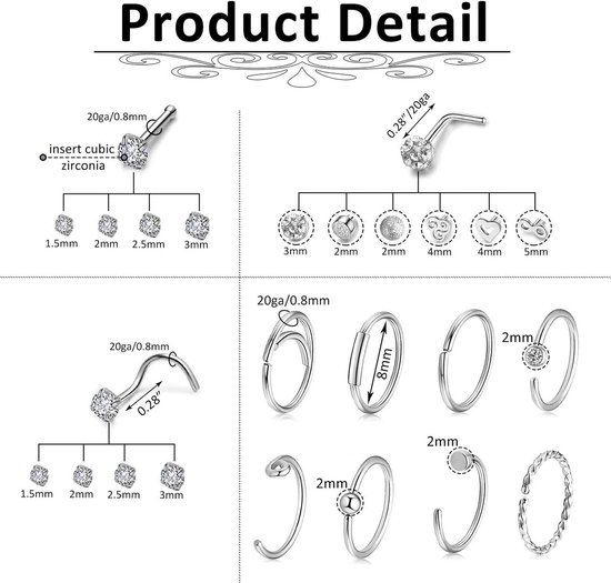 30 Stks 36 Stks 20G Neusringen Set Zilver Goud CZ Bone Schroef L Vormige Neus Studs Pin Tragus Kraakbeen Neus Ring Hoepel Roestvrij Staal Neus Piercing Sieraden voor Vrouwen Mannen, Metaal — afbeelding 4