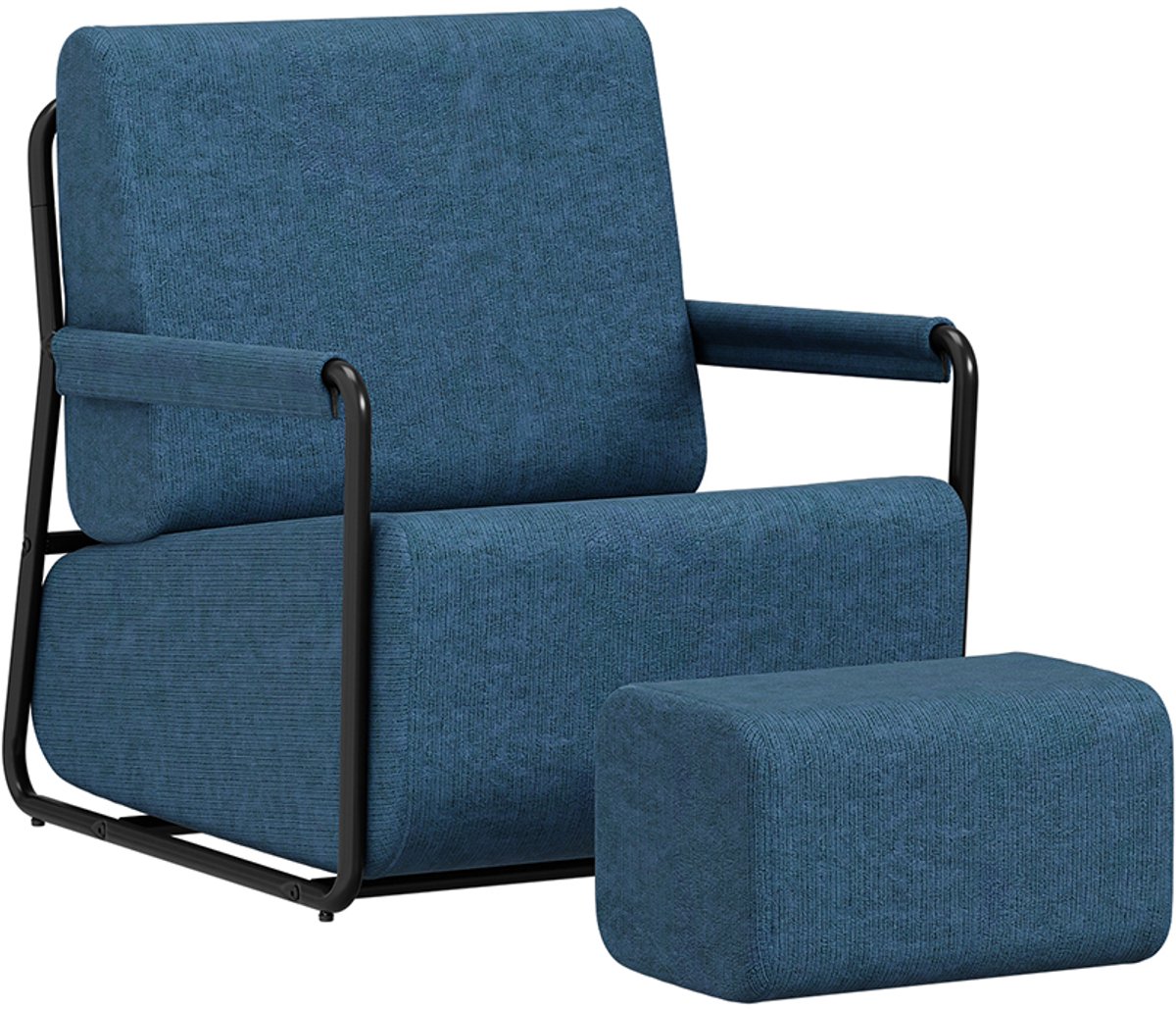 SoBuy Fauteuil met Ottoman - Blauw Zwart Stof Met Metalenvoetstuk - Geïntegreerde Armleuningen - Bijpassende Ottomane | FST99-B