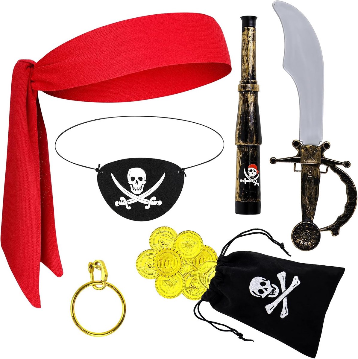 7 stuks piraten accessoires set, kapitein piraat kostuum met bandana hoofdband ooglapje voor vrouwen mannen voor cosplay Halloween feest
