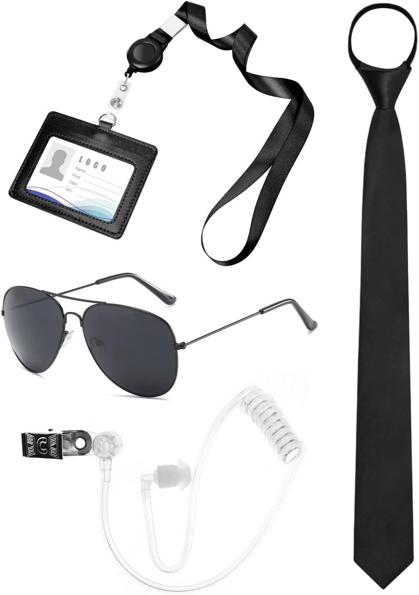 Kostuumaccessoires, 4 stuks, geheime dienstkostuumset, spy kostuumaccessoires, rollenspelset, cosplay kit voor bewaker, met zwarte zonnebril, stropdas oorpiece ID-kaarthouder
