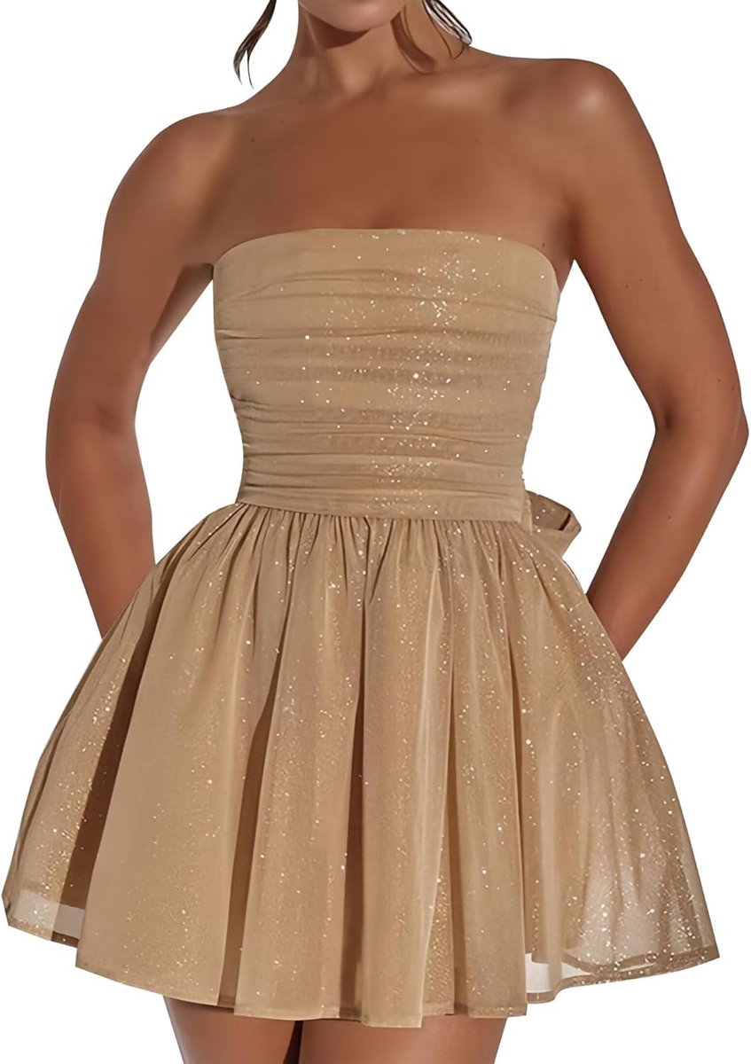 Paillettenjurk voor dames, kort, nauwsluitend, sexy mini-jurk, mouwloos, glitter, tule, homecoming, strapless en open rug, elegant, bodycon bandeau-jurk voor cocktails
