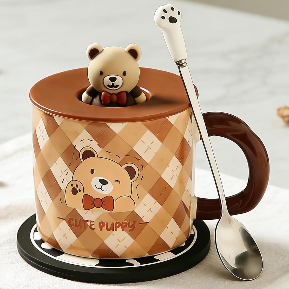 Beer Mok Met Deksel Beer Mok 420ml Koffiemok Gift Bear Keramische Theemok Met Lepel & Onderzetter Thee Koffie Kerstmok Verjaardagscadeau Voor Vrouw Vriendin Boyfriend Brother