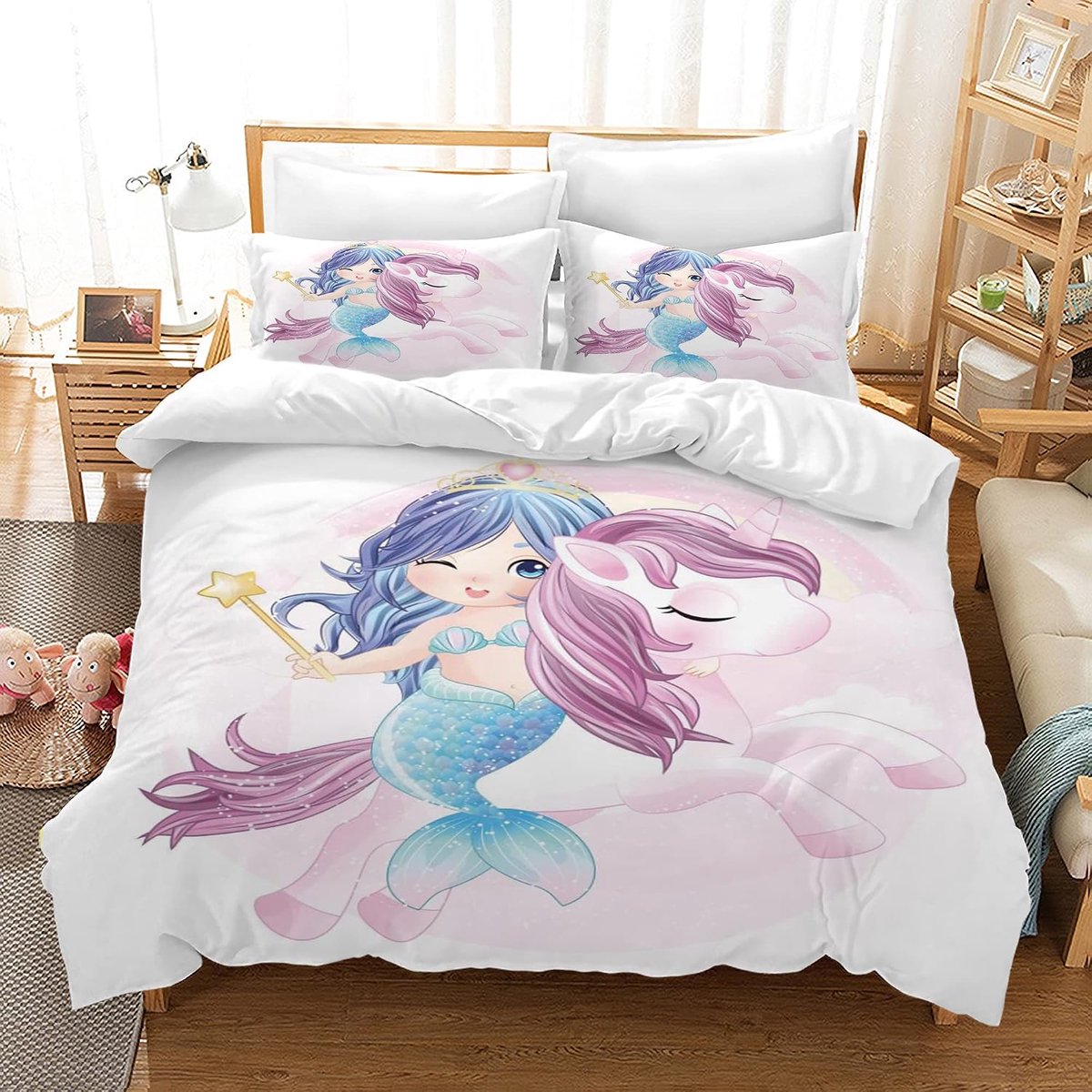 Beddengoedset, kinderen, microvezel, beddengoed, cartoon, eenhoorn, 3D bedrukt, dekbedovertrek 3-delig met ritssluiting, zacht beddengoed voor meisjes (220x240cm, E)
