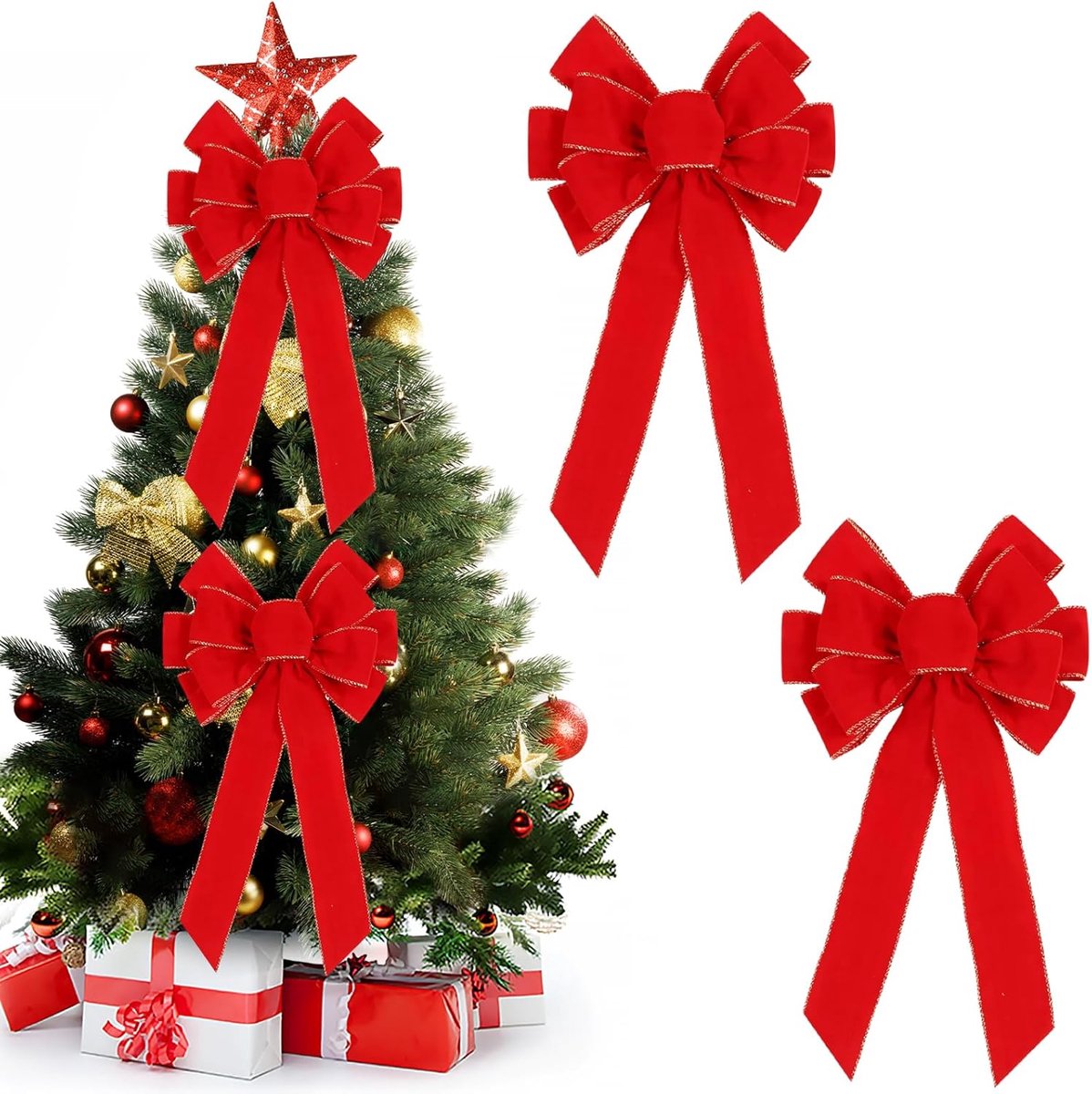 Strikken voor kerstboom, 2 stuks fluwelen strikken voor kerstboom, 50 × 28 cm, kerststrik, grote strik voor kerstbomen, kerstbomen, deuren (2 stuks)