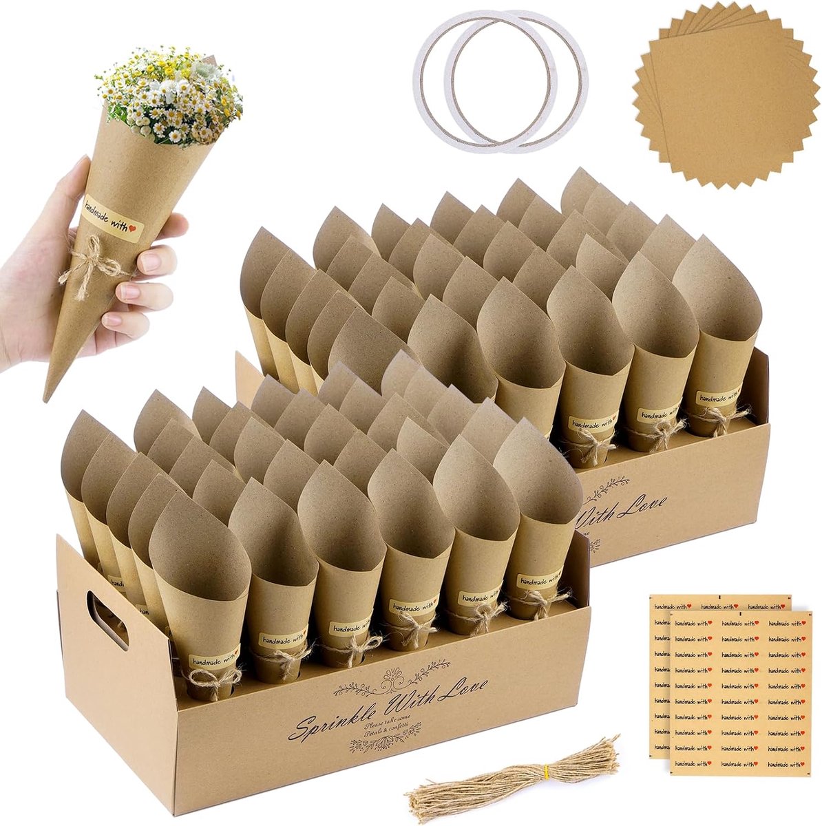 Confetti Bruiloft Kegels - 60 stuks houders met 2 witte kegelhouders - Vintage decoratie voor bloemblaadjesfeest, bruin