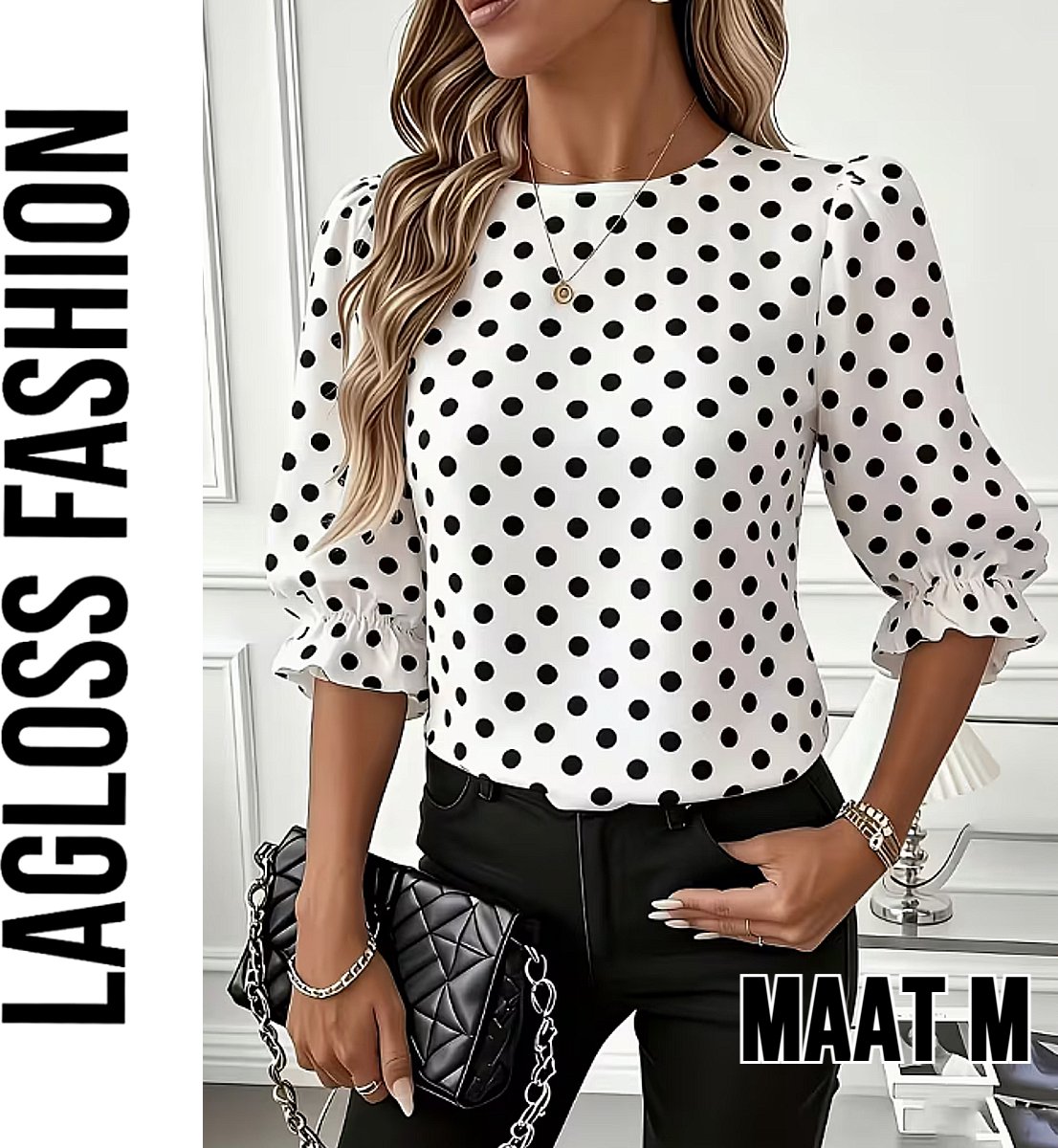 LaGloss® Dames Blouse met Zwarte Polka Dots – Elegante Witte Top met Lantaarn Pofmouwen – Casual & Chique Blouse - Maat M