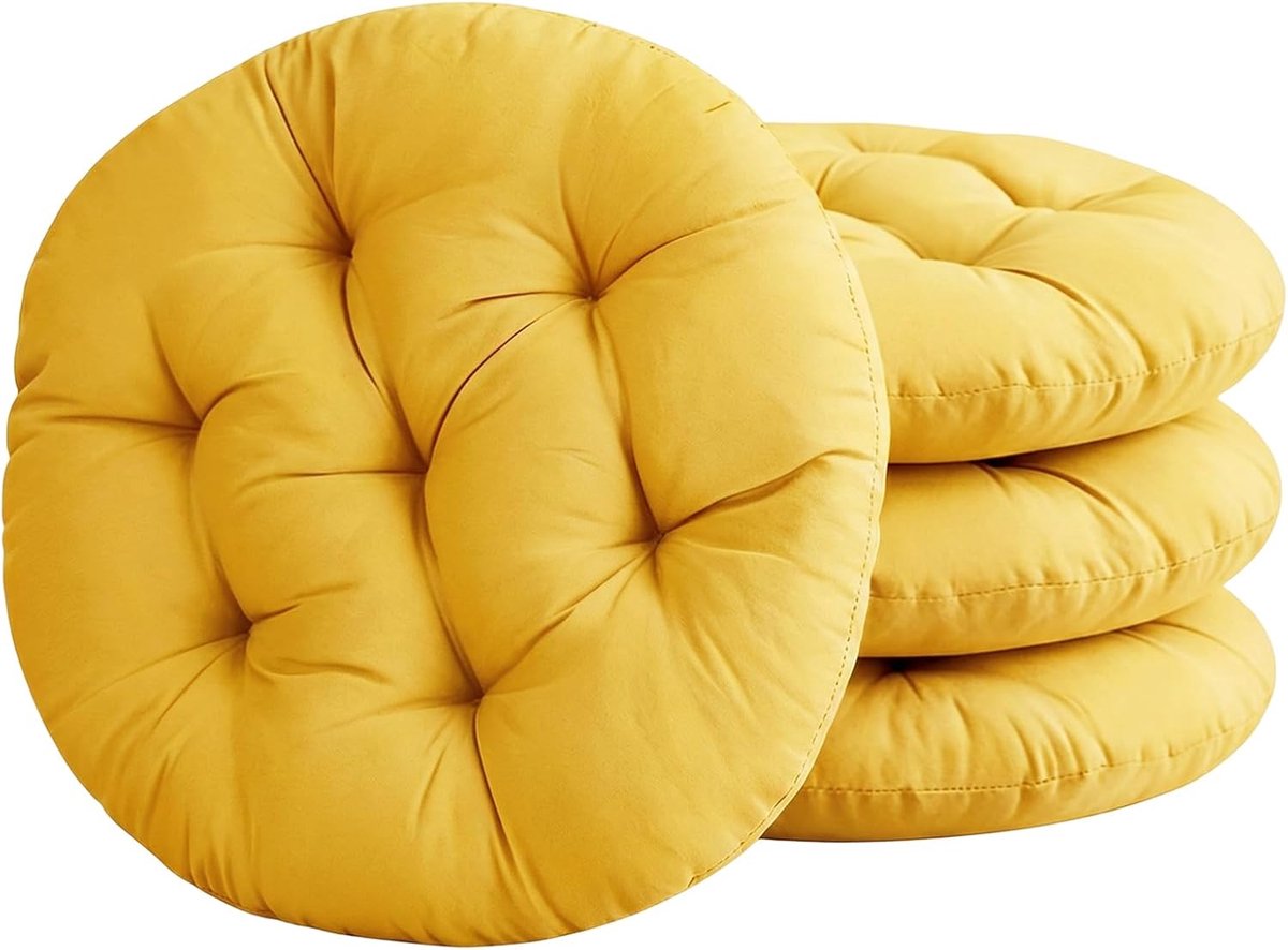 Set van 4 stoelkussens Rond, 40 x 40 cm, Comfortabel Zitkussen, Gevuld Zitkussen, Rond Vloerkussen, Stoelkussen voor Binnen en Buiten, Keuken, Tuin Eetkamer Woonkamer Studeerkamer (Geel)