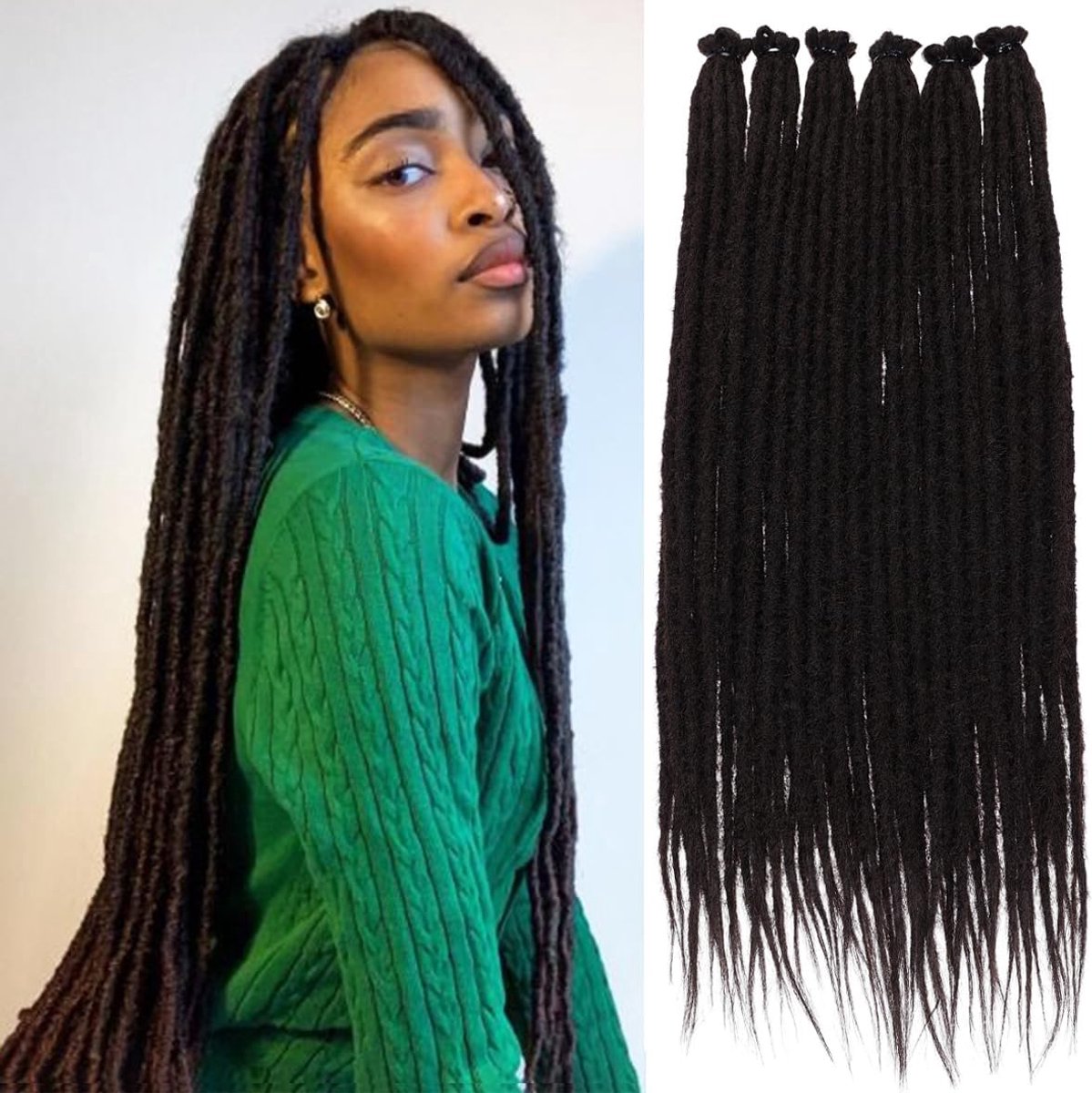 61 cm zwarte dreadlock-extensies, 10 strengen, zachte reggae-vlechtlocs, 1,5 cm breedte, enkelzijdige dreads, synthetisch handgemaakt gehaakt locs, hippie-dreadlock/1B#