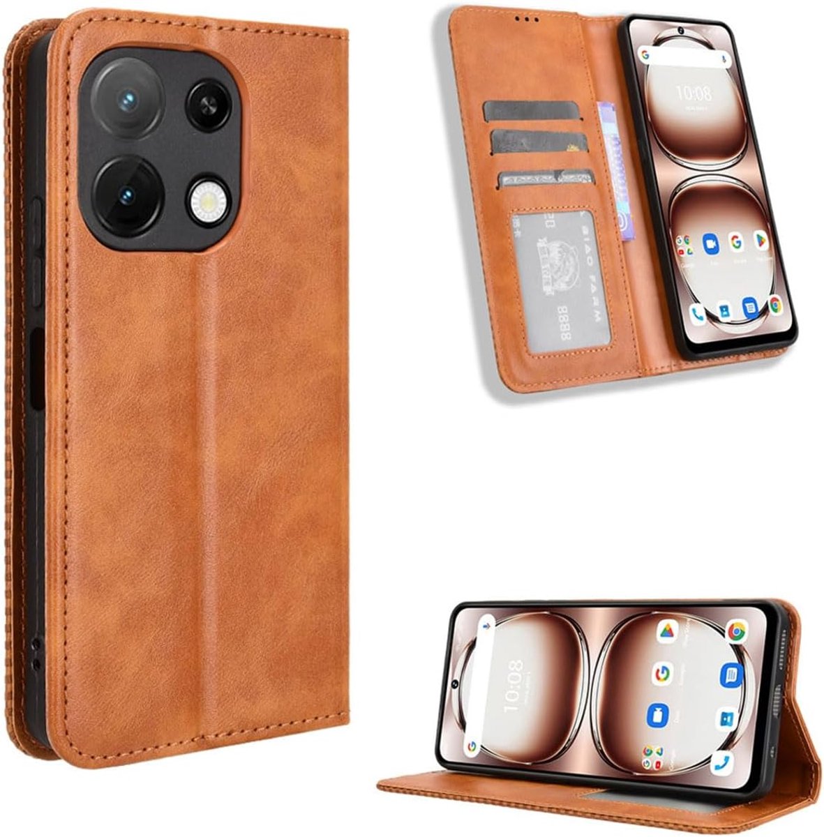 Beschermhoes voor Umidigi Note 100 5G / Umidigi Note 100A, zeer dun, schokbestendig, magneetsluiting, folio-beschermhoes met kaartenvak, kickstand, premium PU-leer, bruin