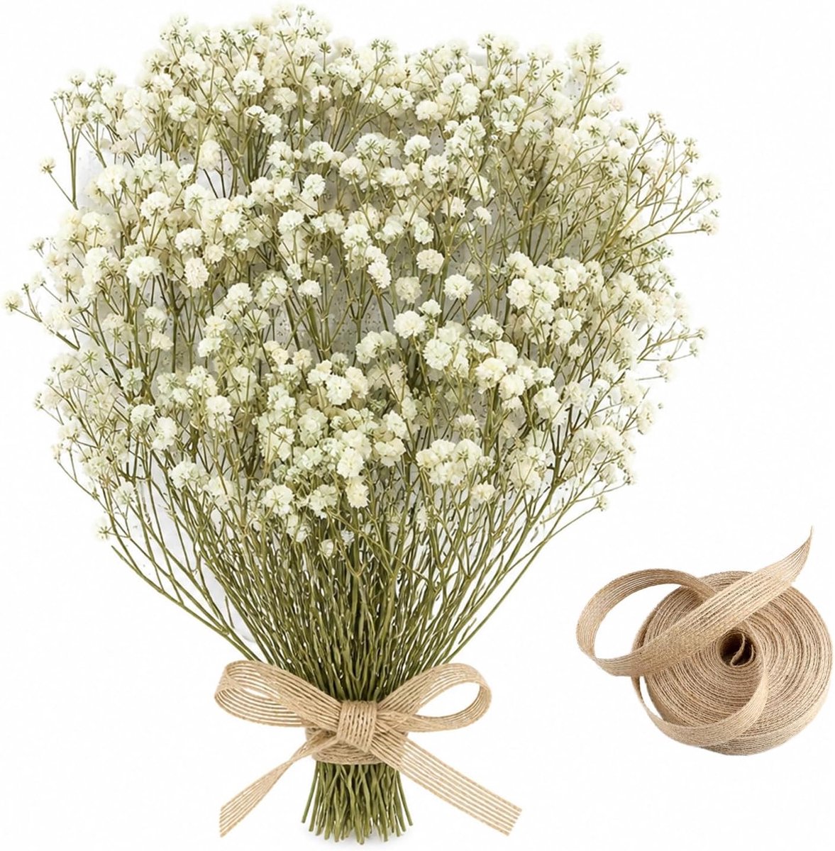 Gedroogde bloemen, 50 witte gypsophila-stelen, met jute touw, 5 meter, kunstbloemen voor decoratie, handwerk, hars en geschenkdoos