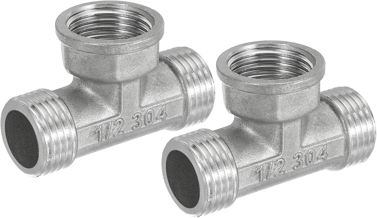 3-weg T-connector, 12 mm (1/2 inch) G-adapter van roestvrij staal 304, voor slang, draaibaar, accessoires voor loodgieterswerk, tuinirrigatie, 51 mm lang, 2 stuks