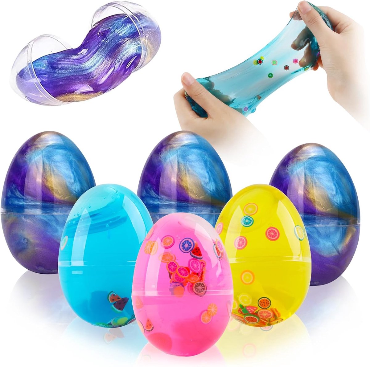 Slijm voor kinderen, RosyFate set met 6 slijmstukjes, paasei-slijm, fluffy slijm, antistress speelgoed voor volwassenen en kinderen, paasgeschenk, mandvullers, 4 * 6 cm