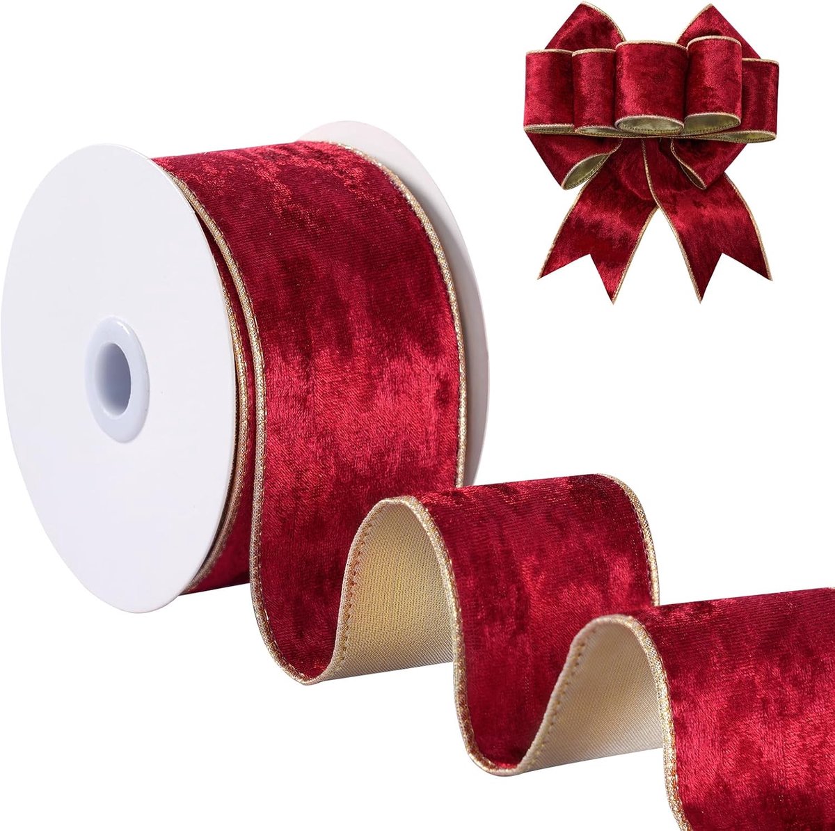 Fluwelen lint 2 - 1/2 inch, rood metallic fluwelen draadlint voor krans, kerstboom, geschenkverpakking, grote strikken, slingers, festivaldecoratie - 10 yards/rol