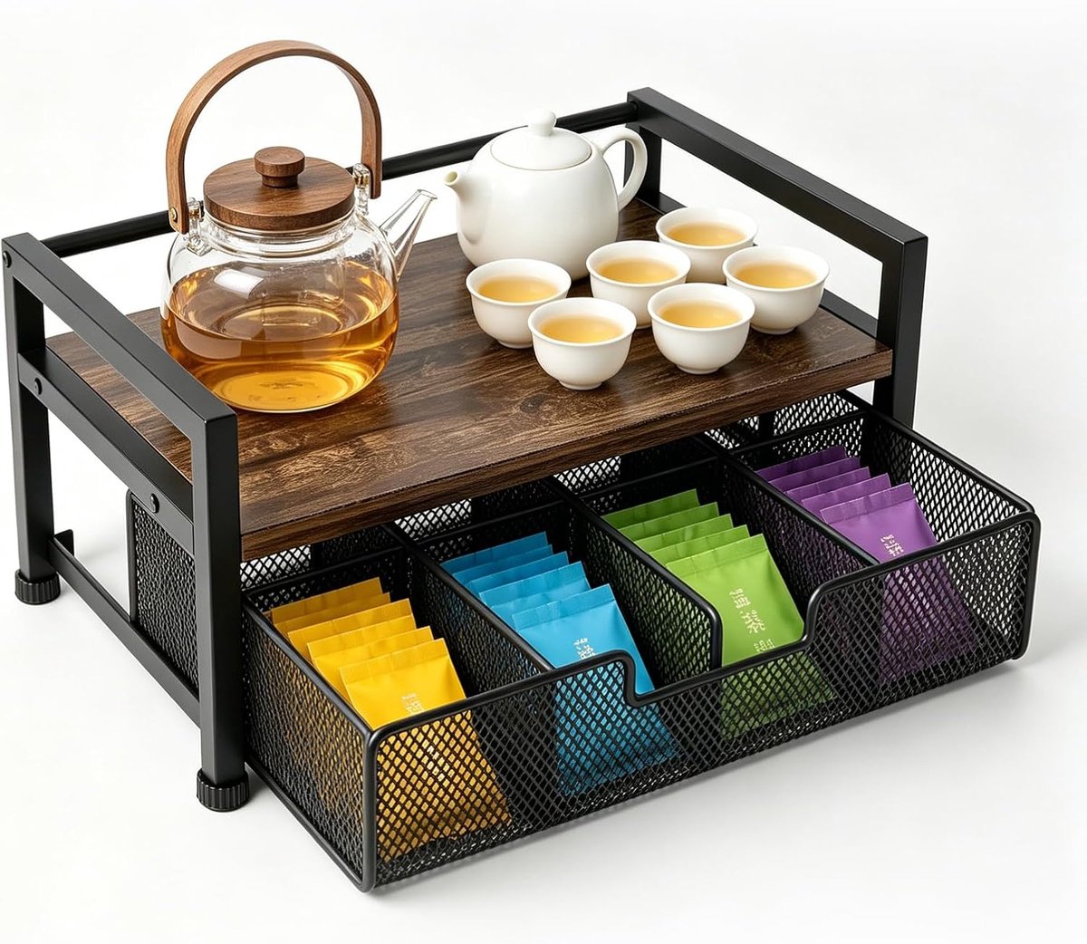 Theerek, box organizer met 8 vakken, theezakjeshouder, theezakjesorganizer met legplank, theekast met lade, voor theezakjes, thee, koffie, specerijen