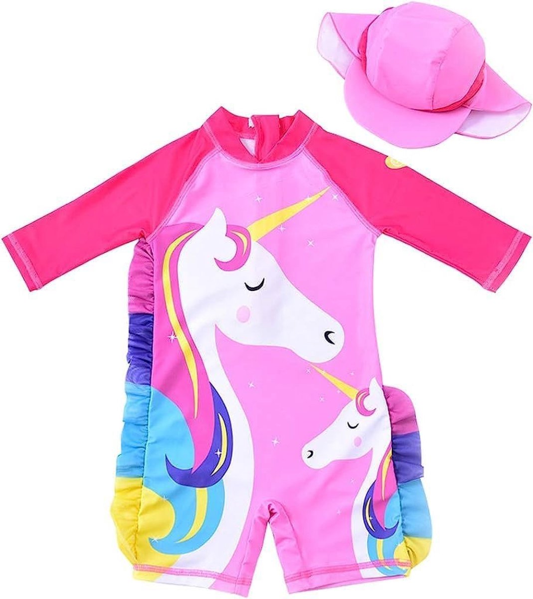 Badpak voor meisjes, uv-bescherming, lange mouwen, eendelig, zonnebescherming, zwempak, badmode, badkleding met zonnehoed