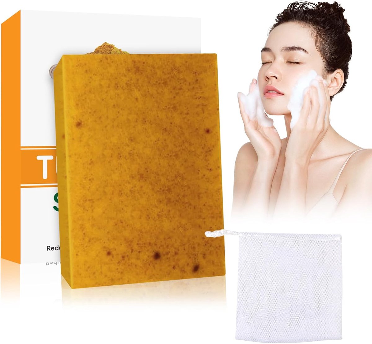Zeep Turmeric Soap Kurkuma Zeepstuk Gezichtszeep Zeep Vaste Gezichtszeep Turmeric Brightening Soap Kurkuma Ophelderend Zepen voor Gezicht en Lichaam met een Schuimnet