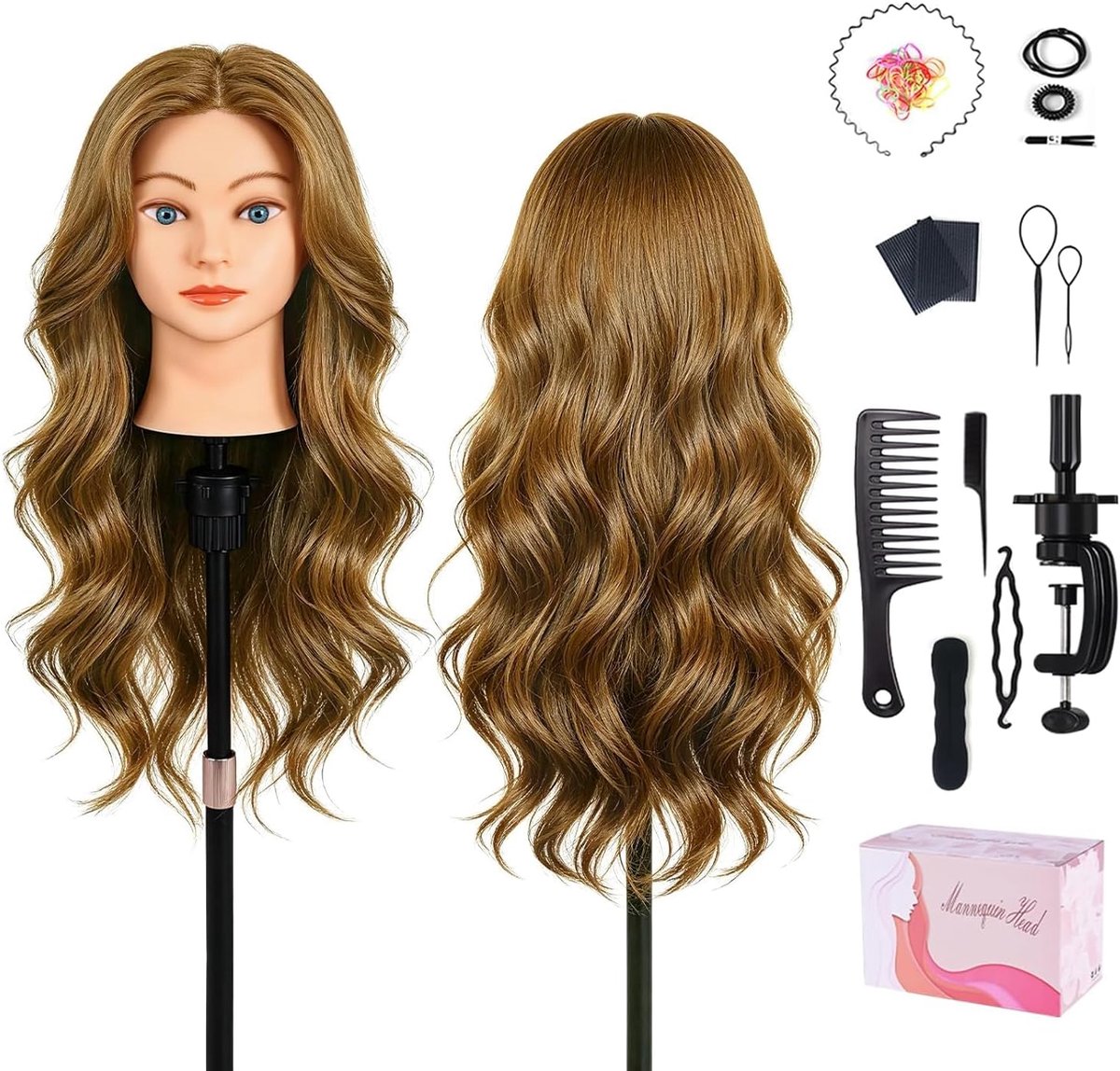 Oefenhoofd voor kapper, 100% echt haar, 45 cm, mannequinhoofd met haar, kappershoofd, trainingskop met klem en accessoires, kapperspop voor knippen, vlechten, styling (honingblond)