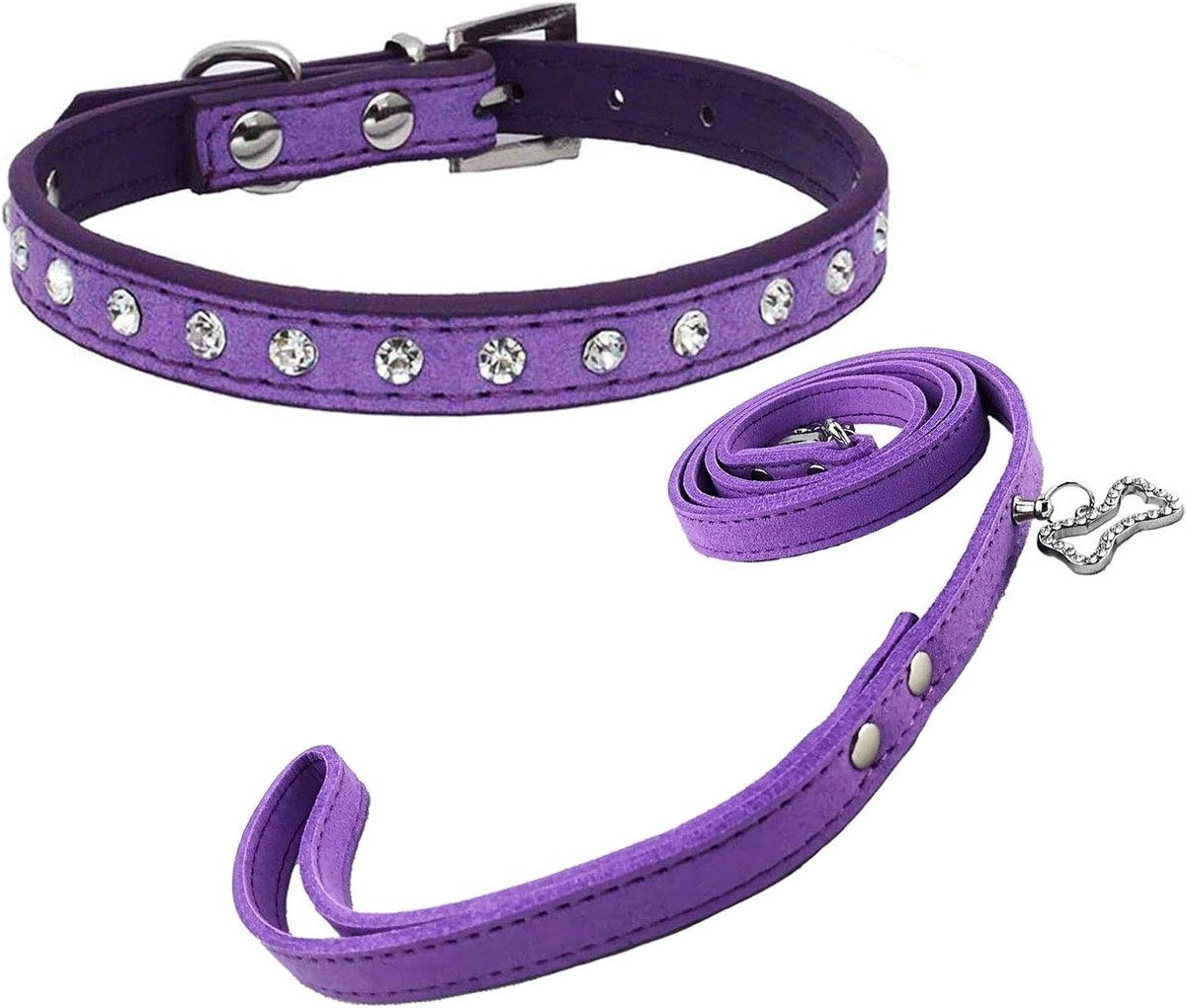 Diamante Puppy Collar en Lijn Set Bling Suède Kraag met Lood voor Kleine Honden Katten - Paars - XS