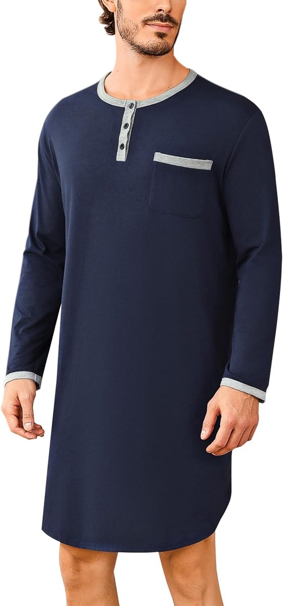 Slaaphemd voor heren, pyjama voor heren, lange mouwen, nachthemd van katoen, pyjama, zacht, ademend, comfortabel