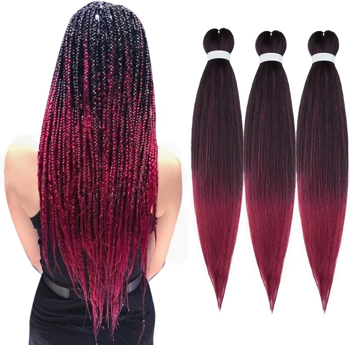 50 cm, jumbo vlechten, kunsthaar om in te vlechten, zwart/rood, 3 stuks, vlechten extensions, 80 g / stuk haarverlenging (zwart/rood, 3 stuks)