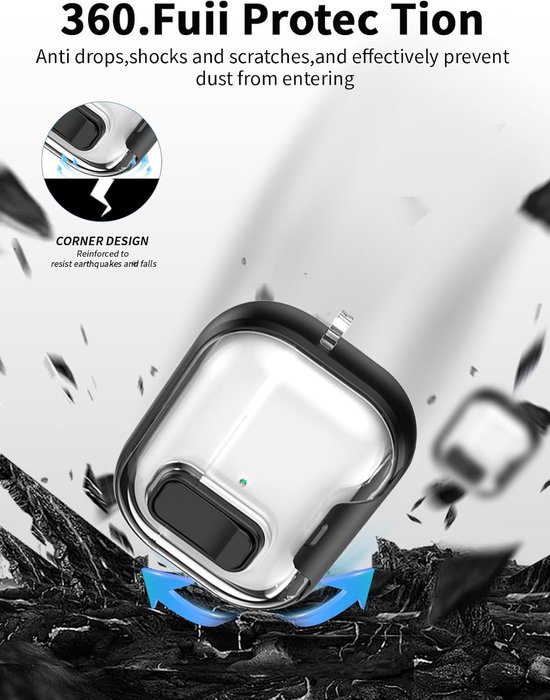 Hoes voor AirPods Pro 3/Pro3 oordopjes, zachte TPU + PC transparante cover, met beugelfunctie, waterdicht, schokbestendig, eenvoudig te dragen, met koord, sleutelhanger en reinigingsset, zwart — afbeelding 2