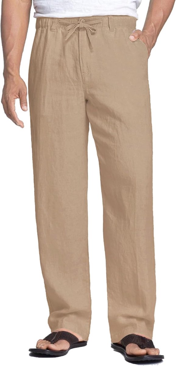 Linnen broek voor heren, met trekkoord, lichte zomerbroek, strandbroek, lange broek van katoenmix, effen, voor mannen, kaki, maat M