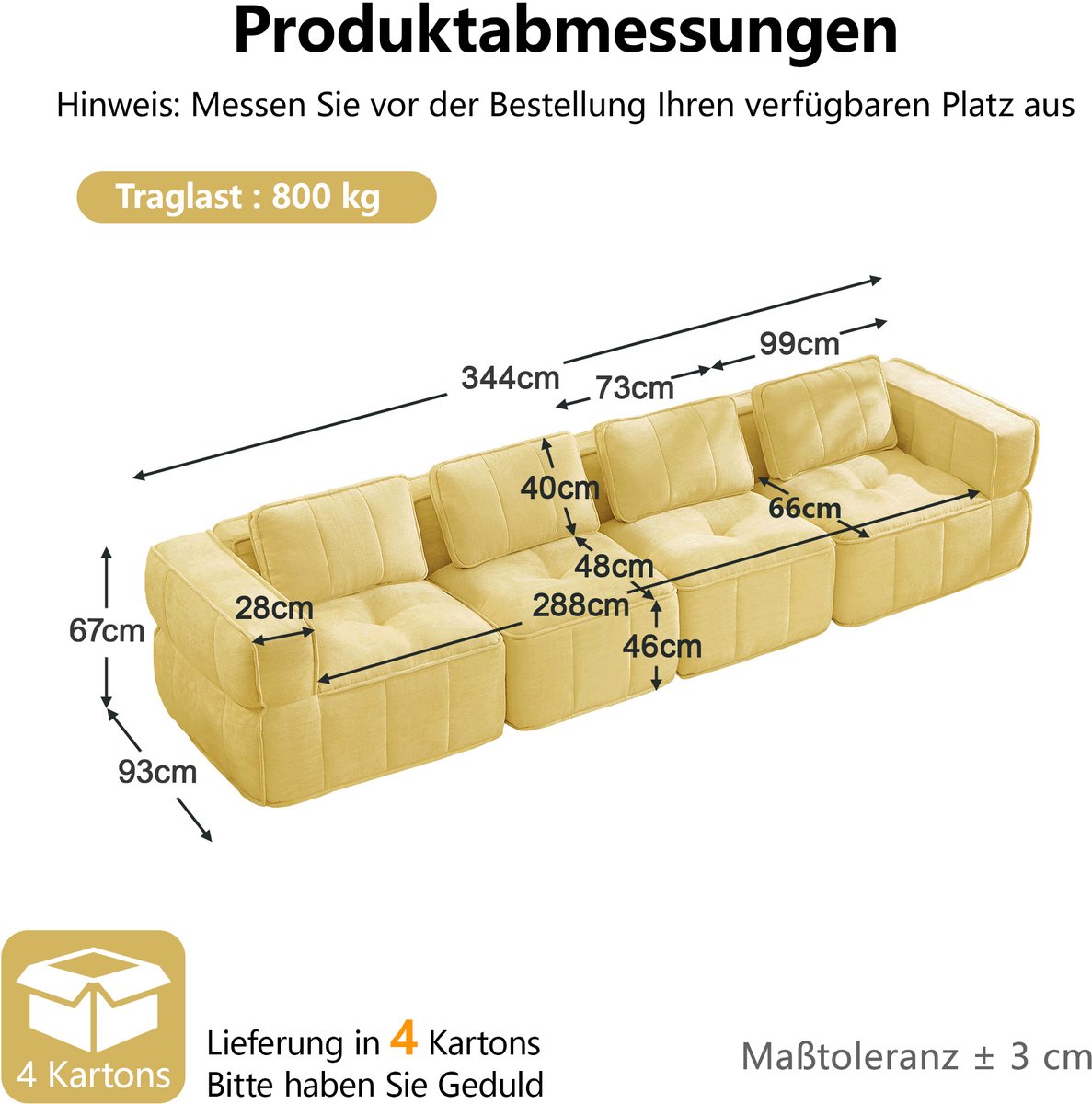 MIVRAY Zitbank 344 Cm - Modulaire Wolkenbank Zonder Frame En Zonder Montage - Voor Woonkamer - Polyester Geel