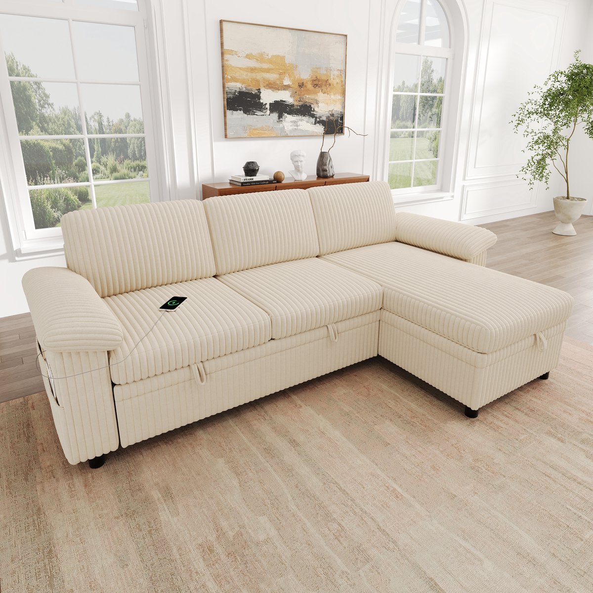 MIVRAY Hoekbank 212 Cm - Slaapbank Met Links En Rechts Omkeerbare Ottomane, Opbergruimte En Usb Type C - Voor Woonkamer - Corduroy Beige