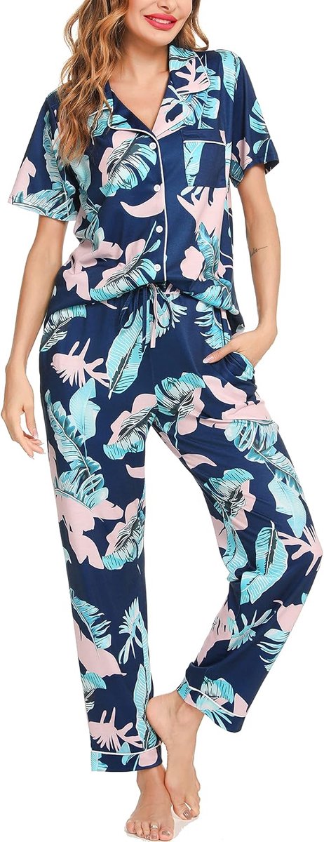 Dames Zomer Pyjama Set - Knoop Trekkoord Bloemenprint Zachte Korte Print Met Zak