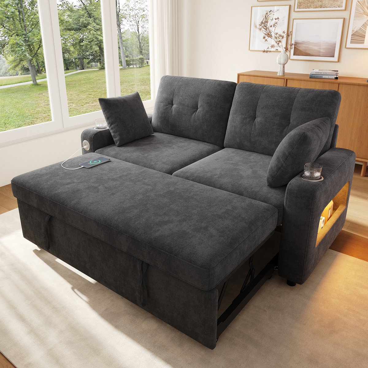 MIVRAY Slaapbank 2-Zits 141,5 x 131 x 83,5 cm Met Schlaffunctie Ledverlichting Usb En Type C Voor Woonkamer En Slaapkamer Chenille Grijs
