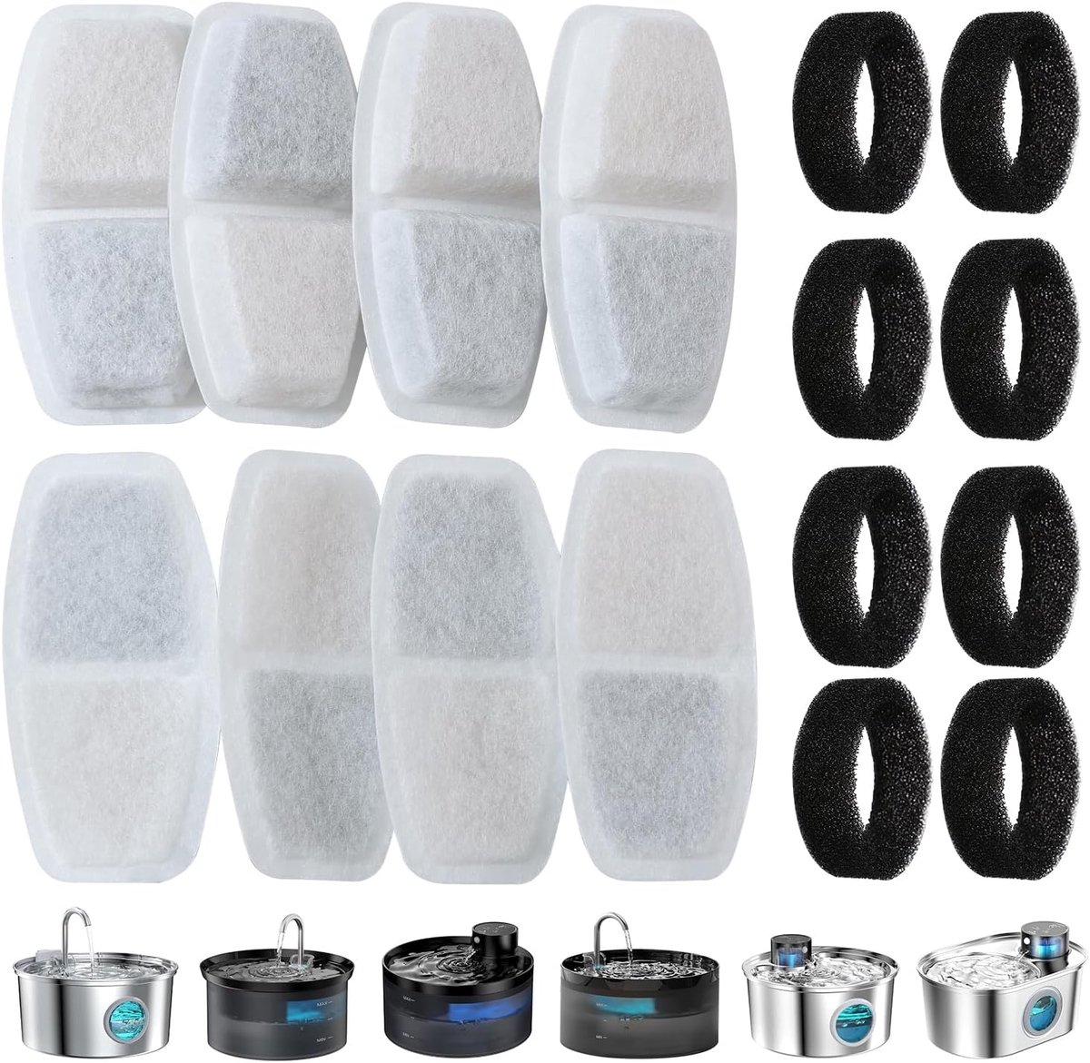 16 kattenfonteinfilters, 8 stuks fonteinfilters voor huisdieren + 8 sponzen van kattenfontein, drievoudige filtratie kattenwaterfilters, geschikt voor kattenfontein van 3,2 l / 1100 oz en 2,5 l