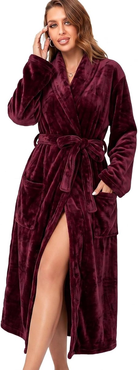 Dames Fleece Badjas met Shawl Kraag - Lange Warme Slobkous - Zachte Woonjurk met Zakken