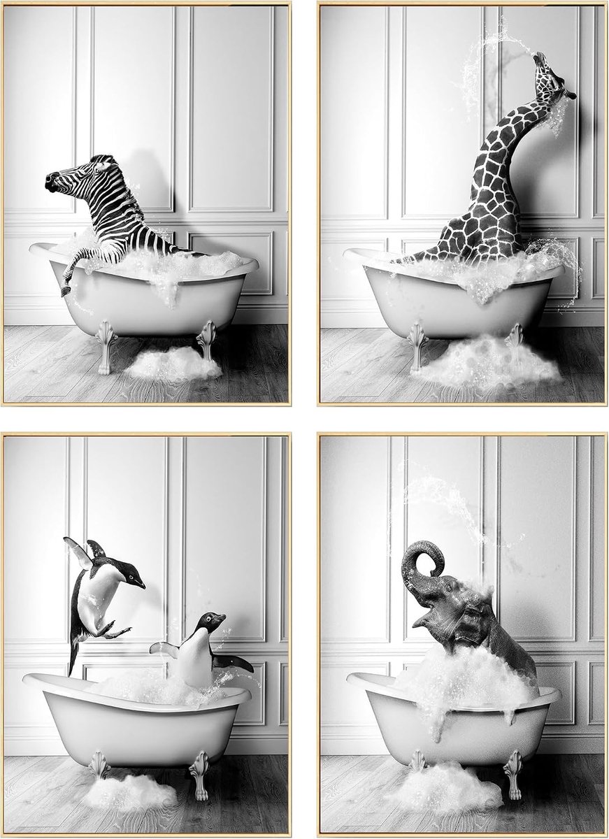 Premium decoratieve afbeeldingen voor in de badkamer, A4, moderne badkamerposterset, grappige dieren in de badkuip, canvasafbeeldingen, hangende schilderijen, wandschilderijen, kunstdruk,