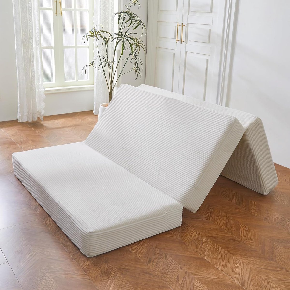 Vouwmatras van corduroy, 3-voudig inklapbare matras 10 cm dik, opvouwbare gastenmatras met afneembare en wasbare hoes, ruimtebesparend voor gastenkamers en reizen (Beige, 90x190 cm)