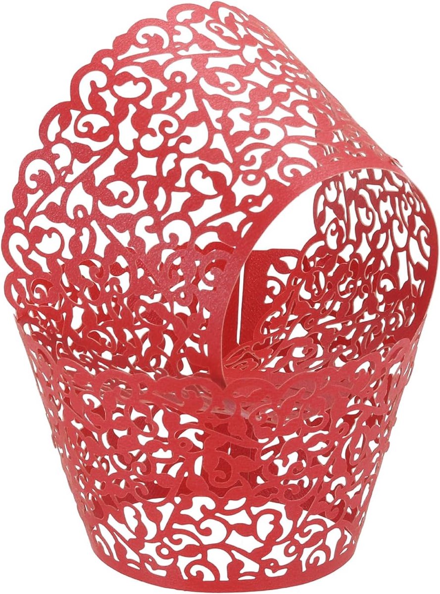 50 stuks cupcake-hoezen van kant, standaard design, lasergesneden, artistiek, voor jubilea, verjaardagen, bruiloften, feesten, donkerrood