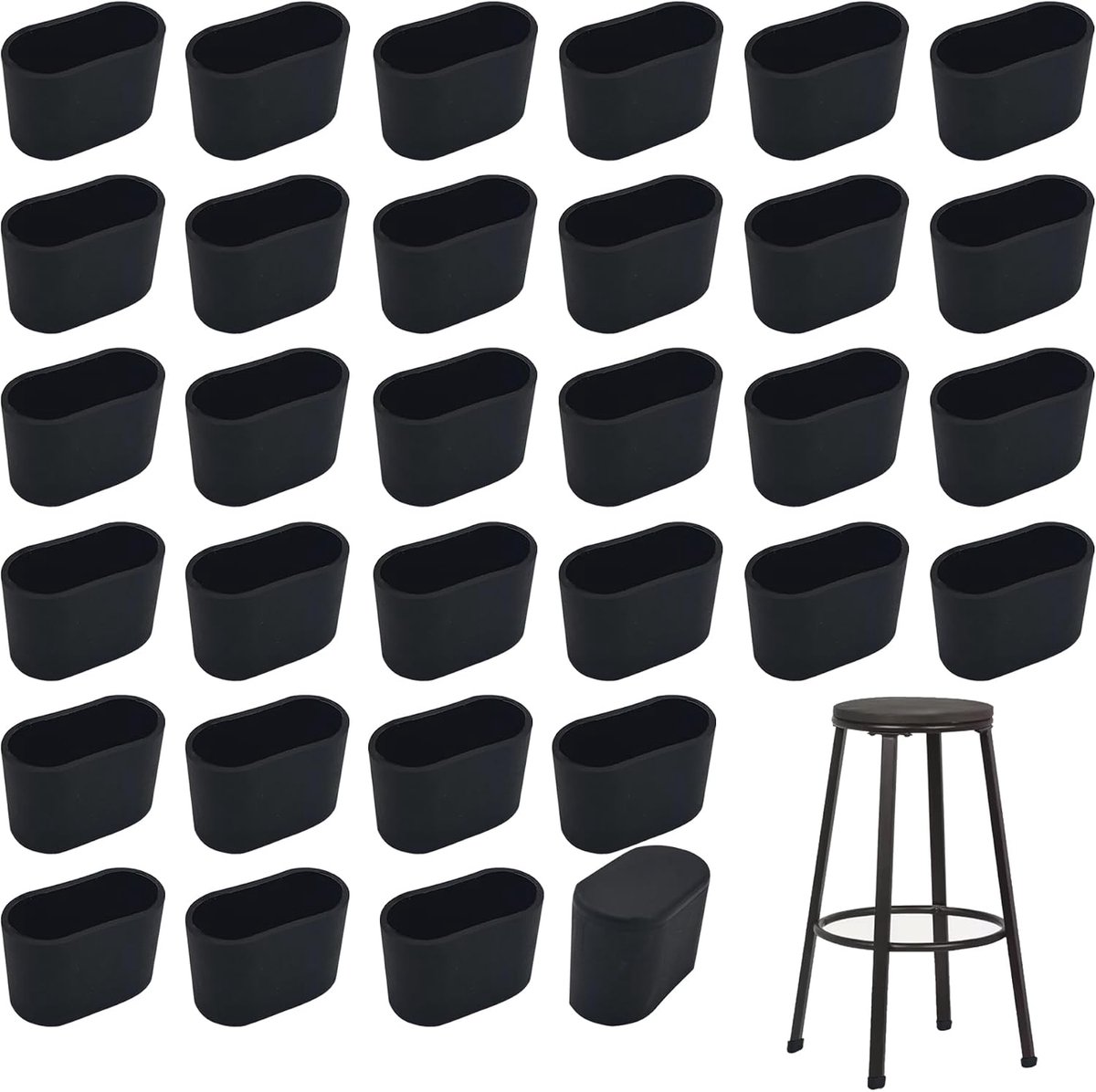 32 stuks stoelbuisinzetstukken, antislip stoelpootdoppen, ovale vorm, kunststof, rubberen doppen voor stoelen, zwart, voor tafelpoten, stoelen, meubels (zwart, S)
